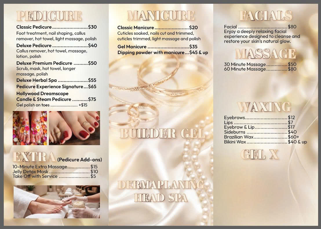 Hollywood Day Spa original printed menu, page 1